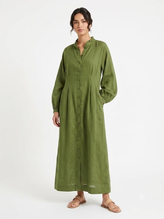 Tuckernuck Dresses & Skirts - Tuckernuck Green Ramie Cotton Button-Front Maxi Shirt Dress Size L